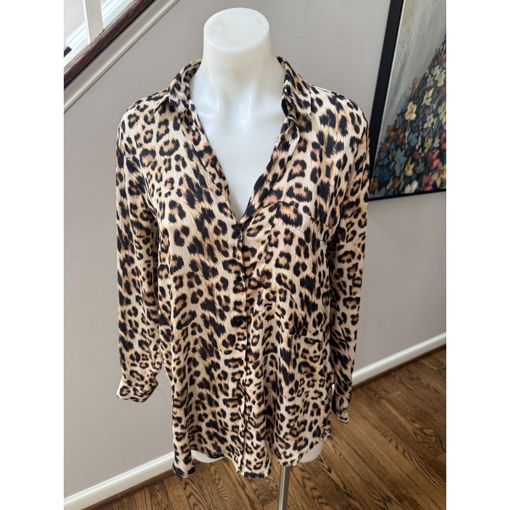 Zara Leopard Cheetah Print Button Down Oversized … - image 2